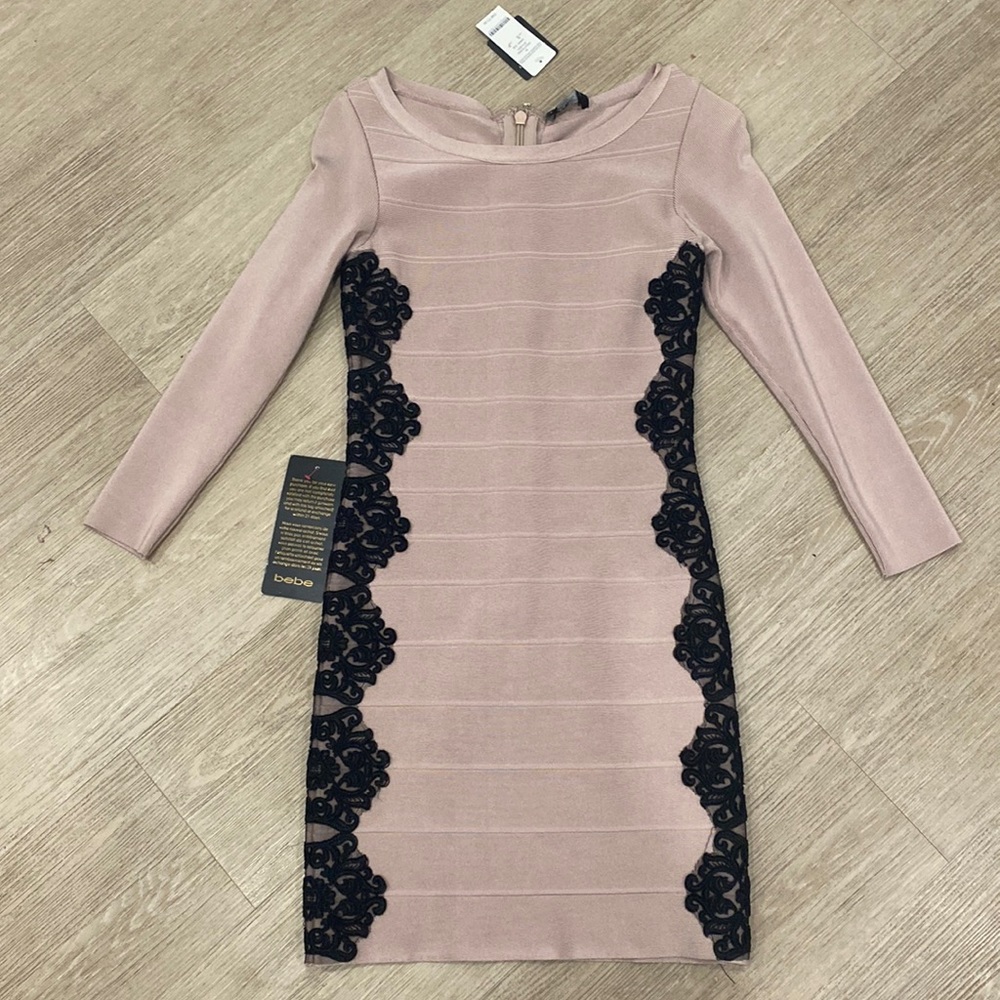 Bebe bandage dress with lace appliqué
